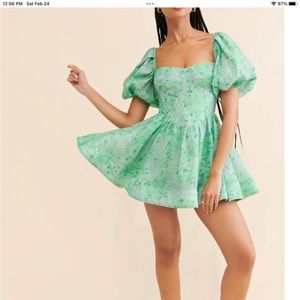 Green Bardot Puff Sleeve Babydoll Mini Dress cottagecore,coquette princesscore L